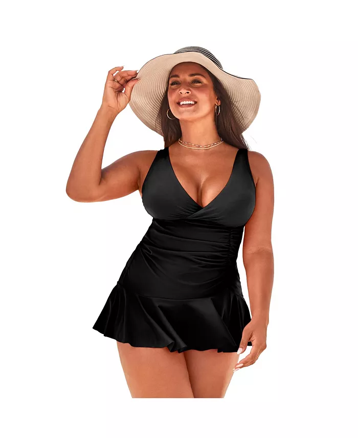 

Женский купальник с глубоким вырезом и оборками Swimsuits for All, черный