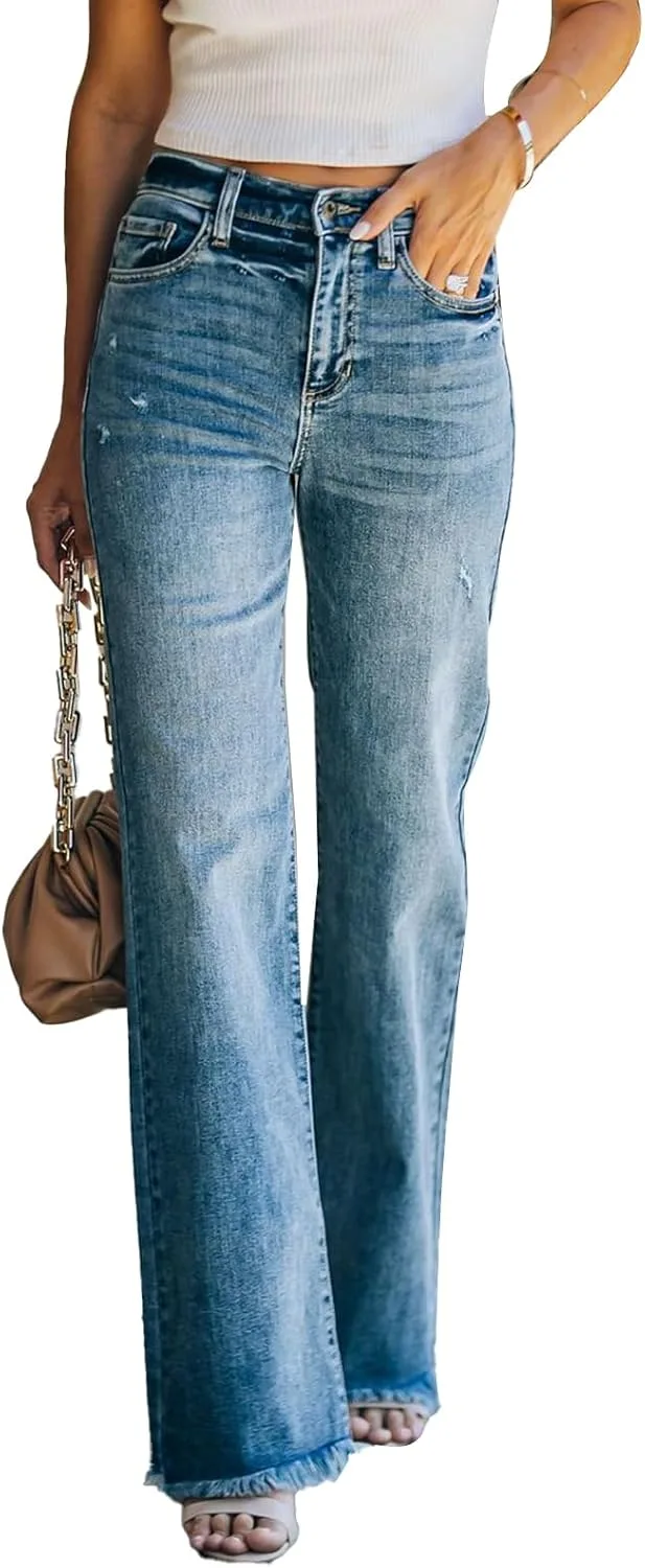 

Прямые джинсы HOTIAN для женщин с высокой посадкой, эластичные, с рваным краем