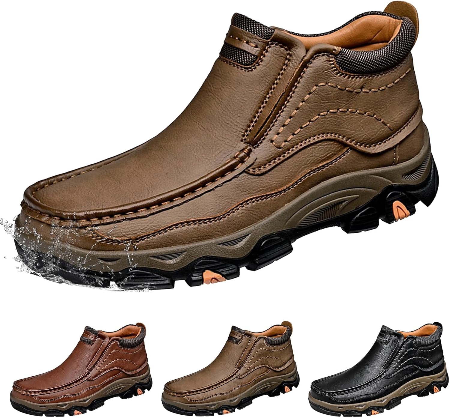 

Мужские кожаные классические лоферы с запрессовкой, водонепроницаемые ботинки для мужчин, легкие, дышащие, нескользящие деловые и походные туфли для свадеб, прогулок и путешествий Generic, хаки