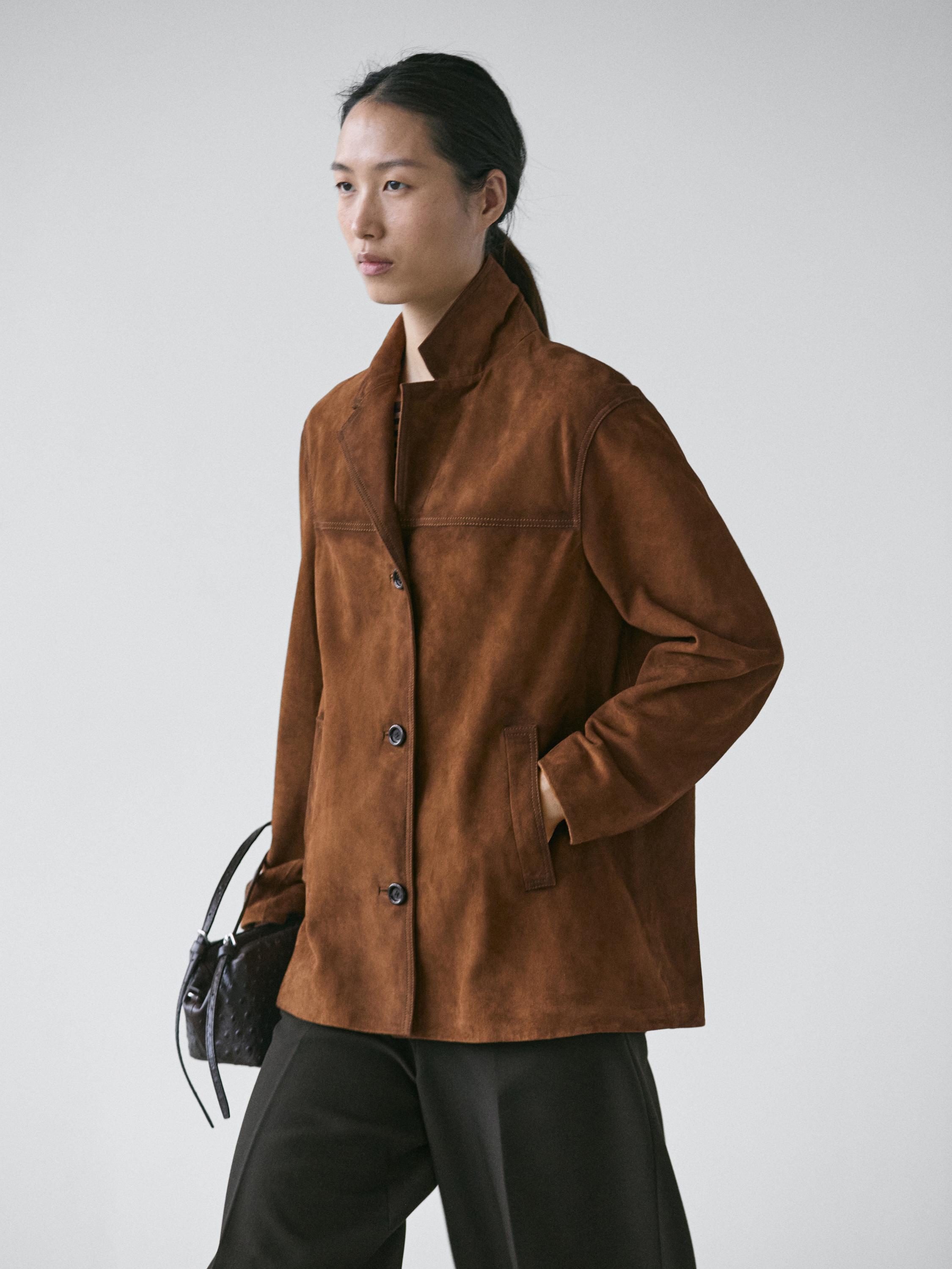 Блейзер Massimo Dutti Suede Leather With Pockets, коричневый — фото 3