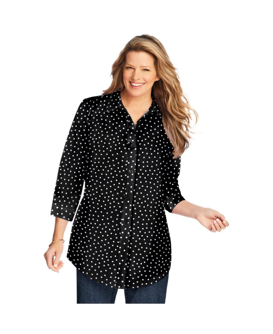 

Рубашка больших размеров с идеальным рукавом три четверти Woman Within, Black allover dot