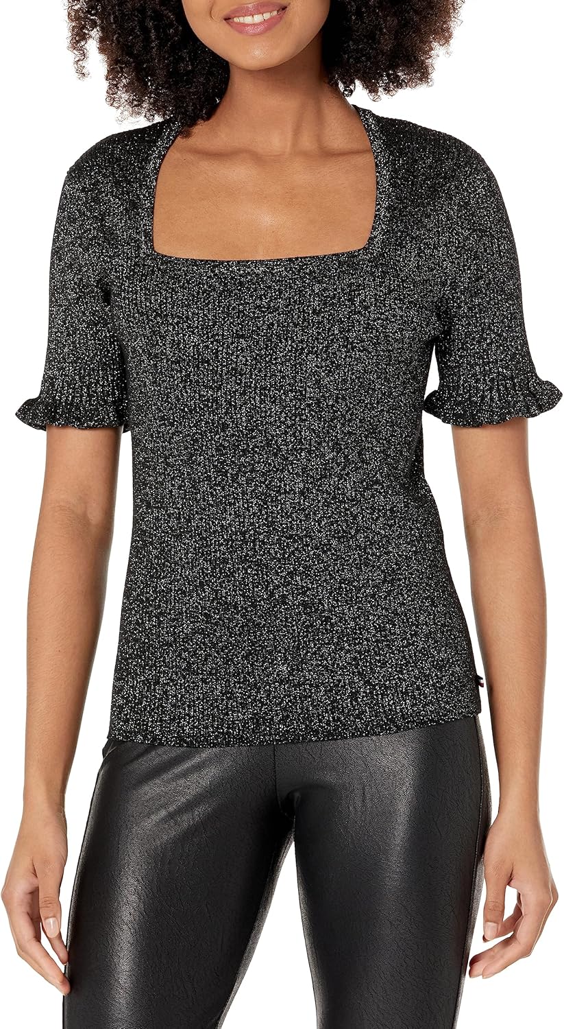 

Женский свитер Tommy Hilfiger с квадратным вырезом и блестящим люрексом, Blk Metallic