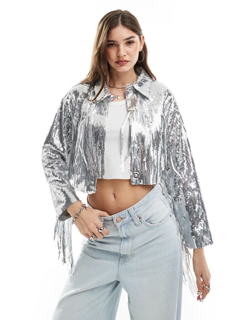 

Серебристая куртка с бахромой и пайетками ASOS DESIGN