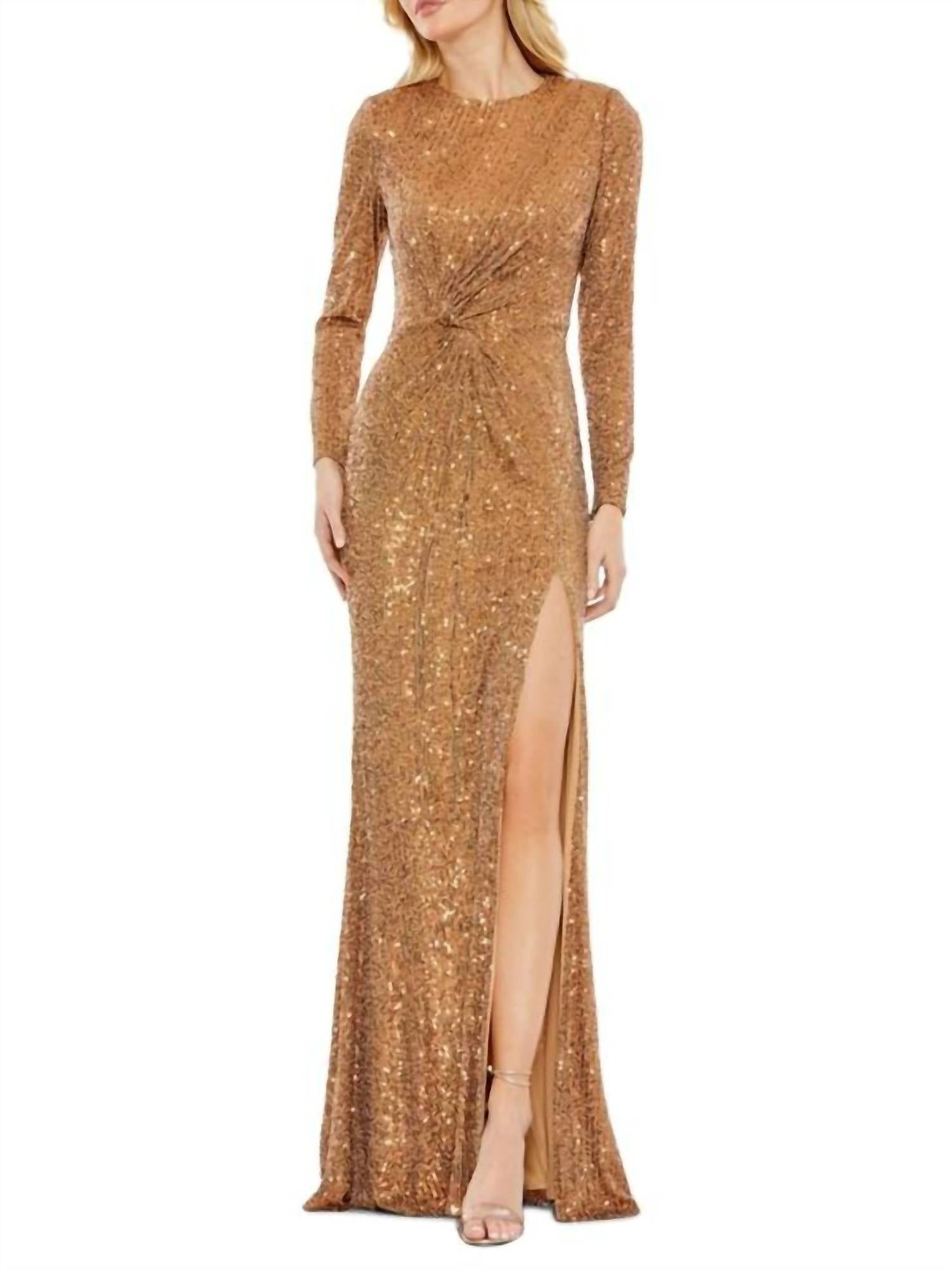

Античное золотое платье с пайетками и скрученным декором Ieena for Mac Duggal