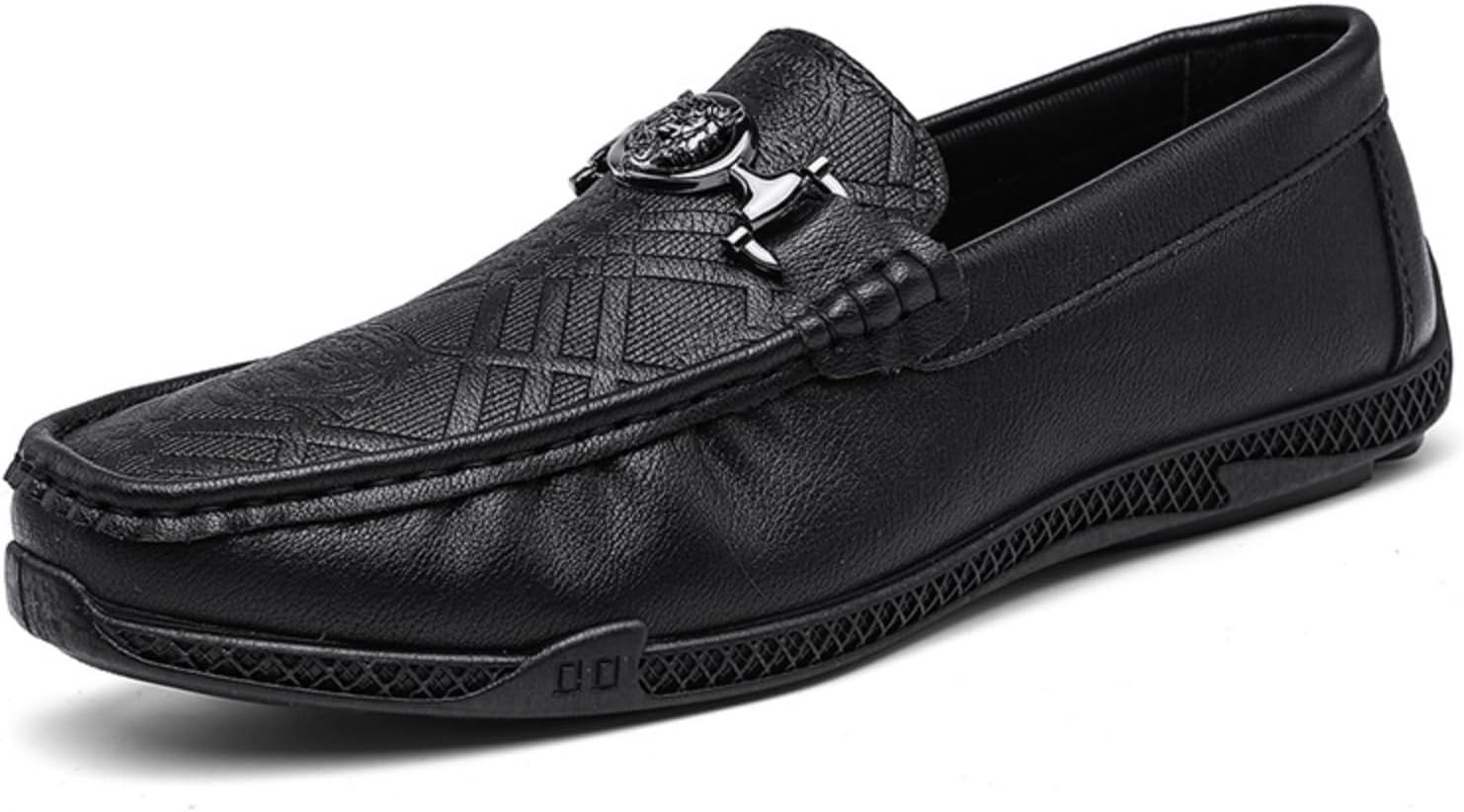 

Мужские черные лоферы: верх из кожи с тиснением под клетку, декоративная пряжка-эмблема, удобная конструкция без шнурков и мягкая подошва- бизнес-кэжуал стиль для повседневной носки, поездок на работу и досуга Khwfjas