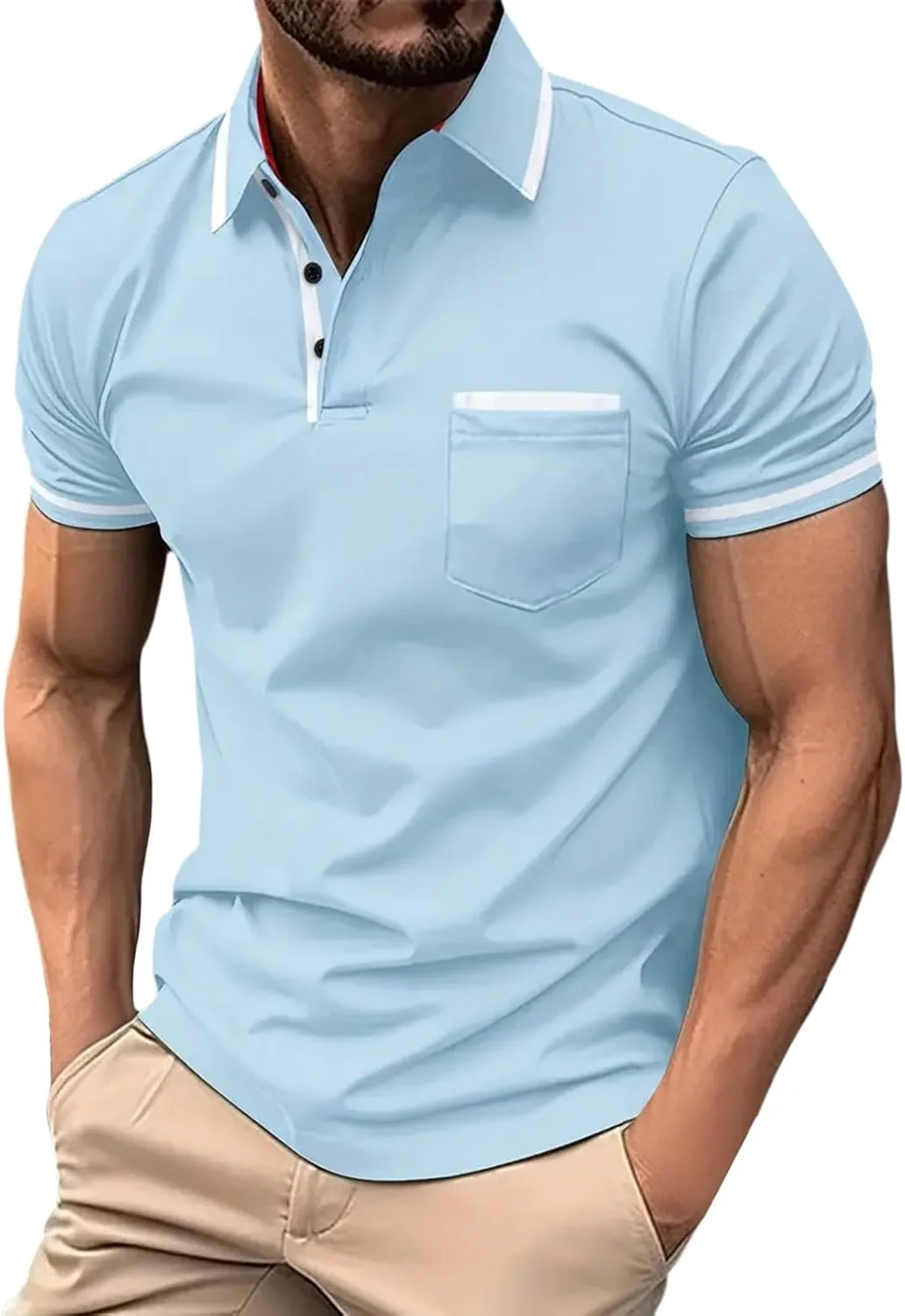 Мужская поло с карманом, короткий рукав, V-образный вырез, slim fit