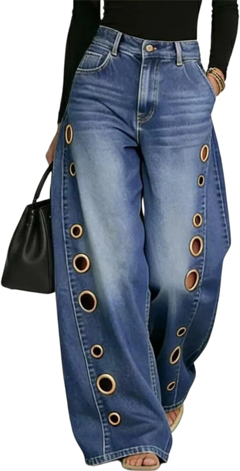 Джинсы с люверсами, High Waisted Wide Leg, Blue