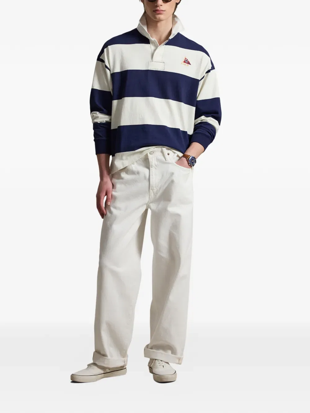 Полосатая вышитая рубашка-поло для регби Polo Ralph Lauren, синий — фото 2