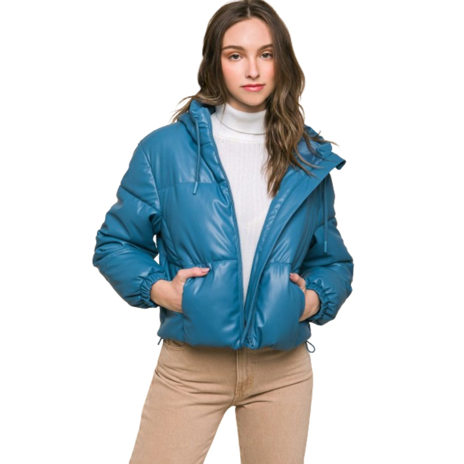 

Куртка-пуховик из искусственной кожи на молнии с капюшоном FASHNZFAB, лазурный