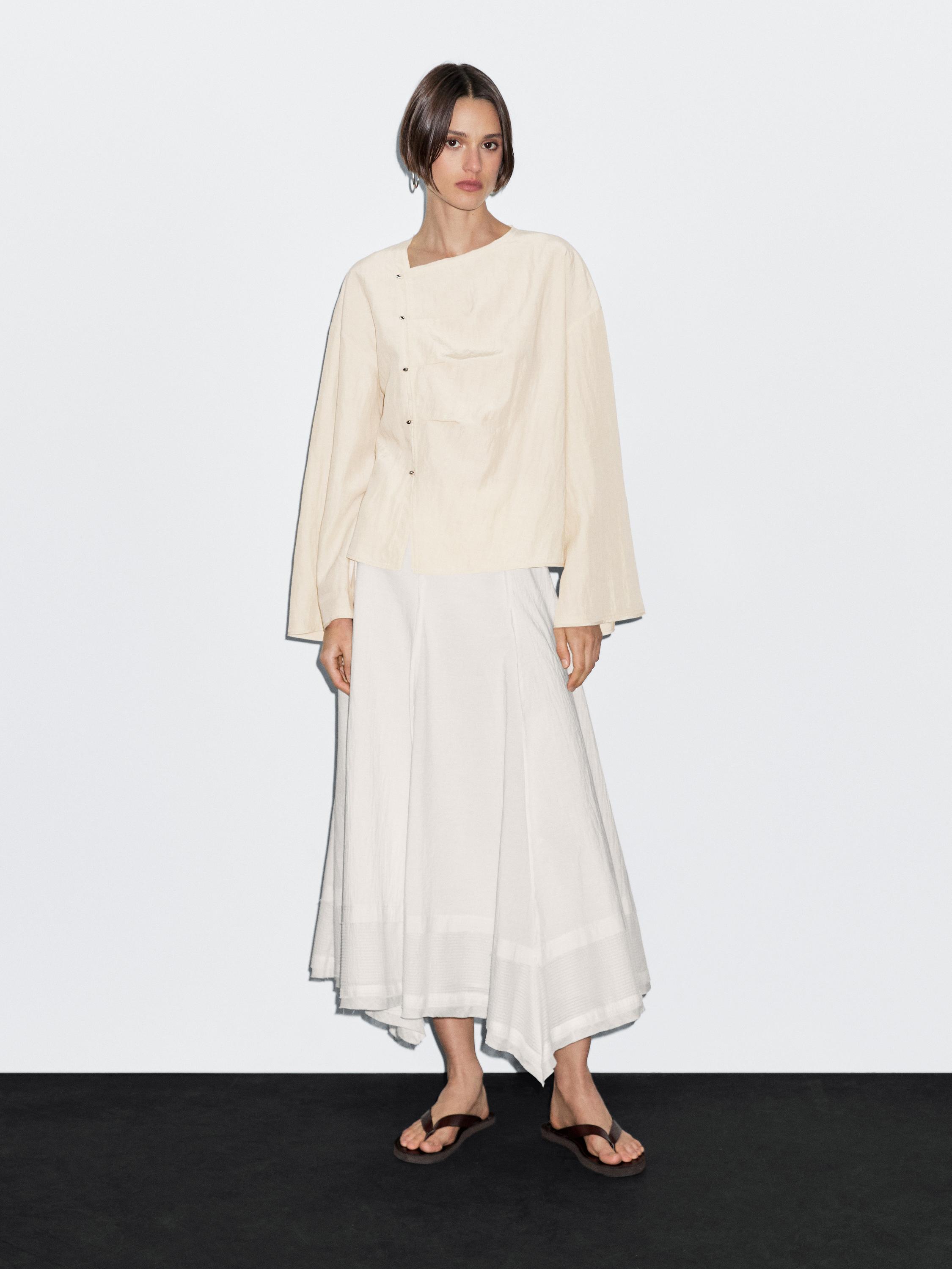 

Блузка с длинным рукавом и застежкой на пуговицы сбоку Massimo Dutti, кремовый