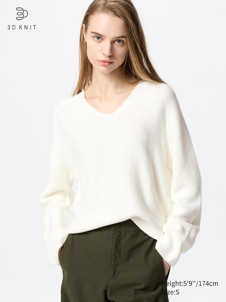 

Свободный свитер из хлопка 3D с V-образным вырезом Uniqlo, цвет 01 белый