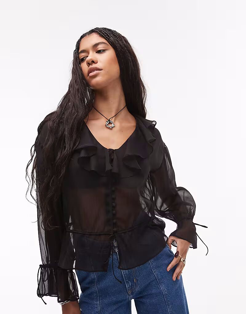 

Прозрачный топ Topshop с оборками и завязкой спереди черного цвета
