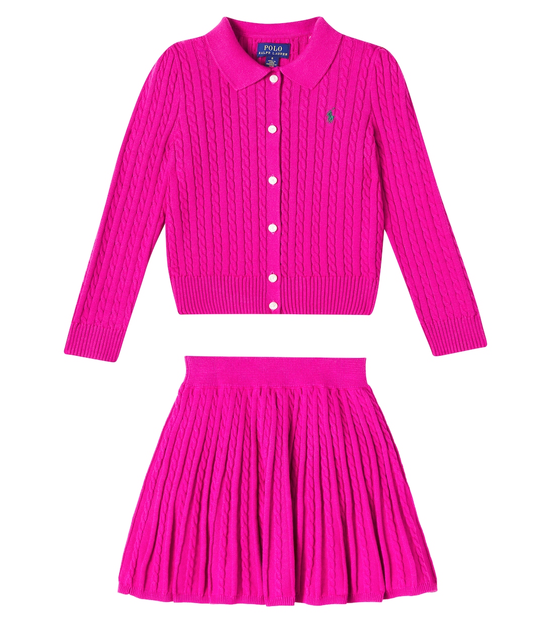 

Комплект из хлопкового кардигана и юбки с косичной вязкой Polo Ralph Lauren Kids, Preppy Pink