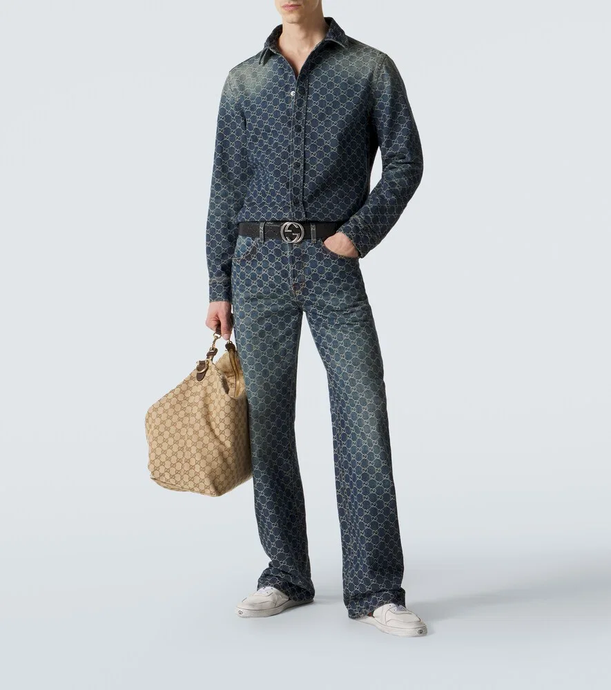 Рубашка Gucci из жаккардовой джинсовой ткани, классический воротник, синий — фото 2
