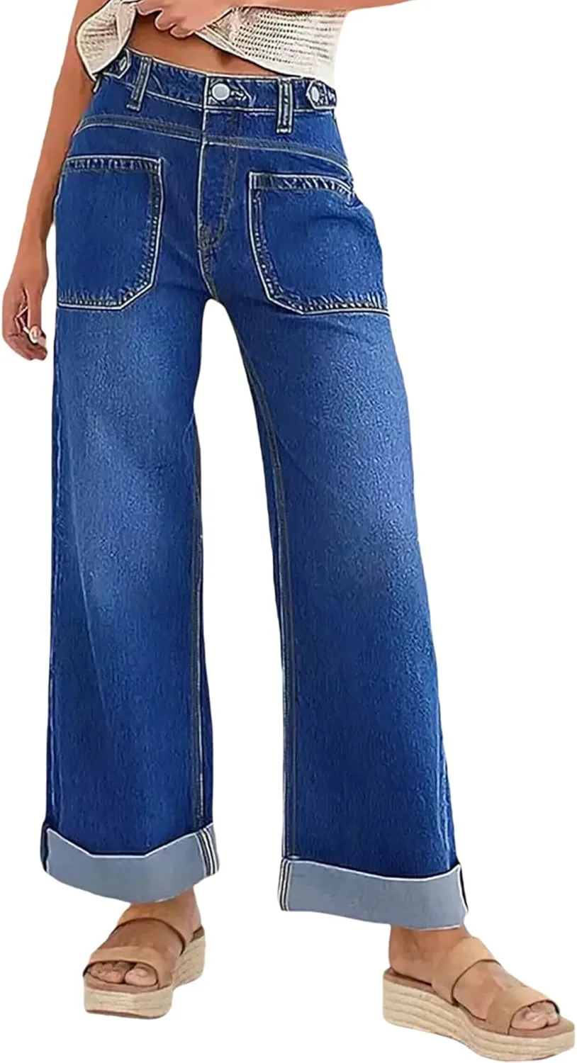 

Женские джинсы с широкими штанинами, прямые, с карманами QLAUYIOE