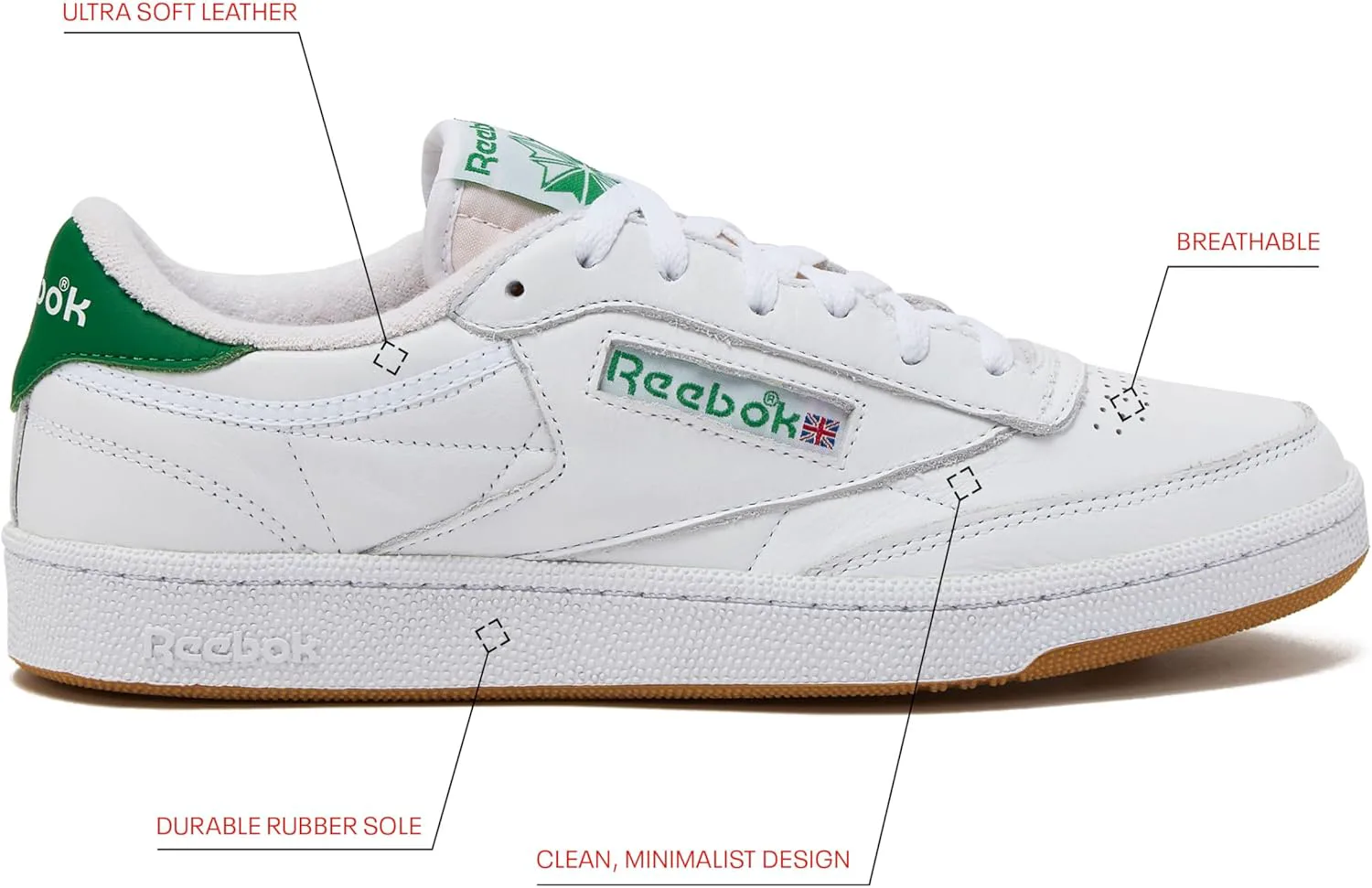 Мужские винтажные теннисные кроссовки Reebok Club C 85, белый/зеленый — фото 2