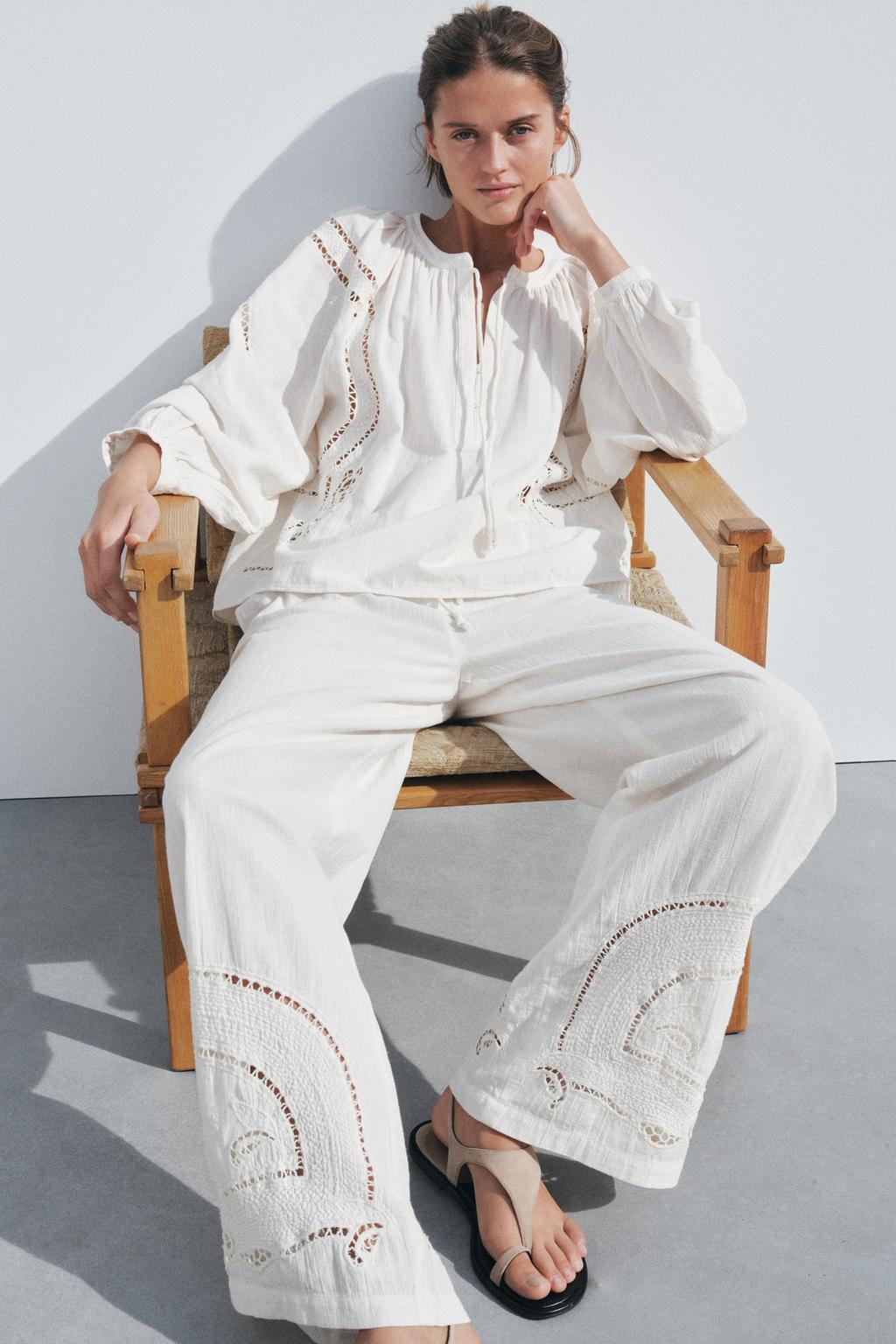 

Вышитые пижамные брюки ZARA, экрю