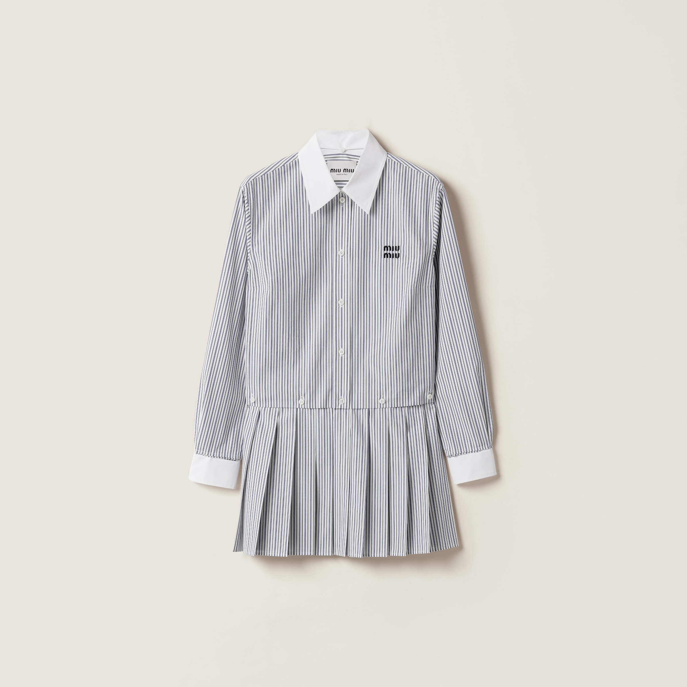 

Плиссированное мини-платье из полосатого поплина MIU MIU, белый/синий