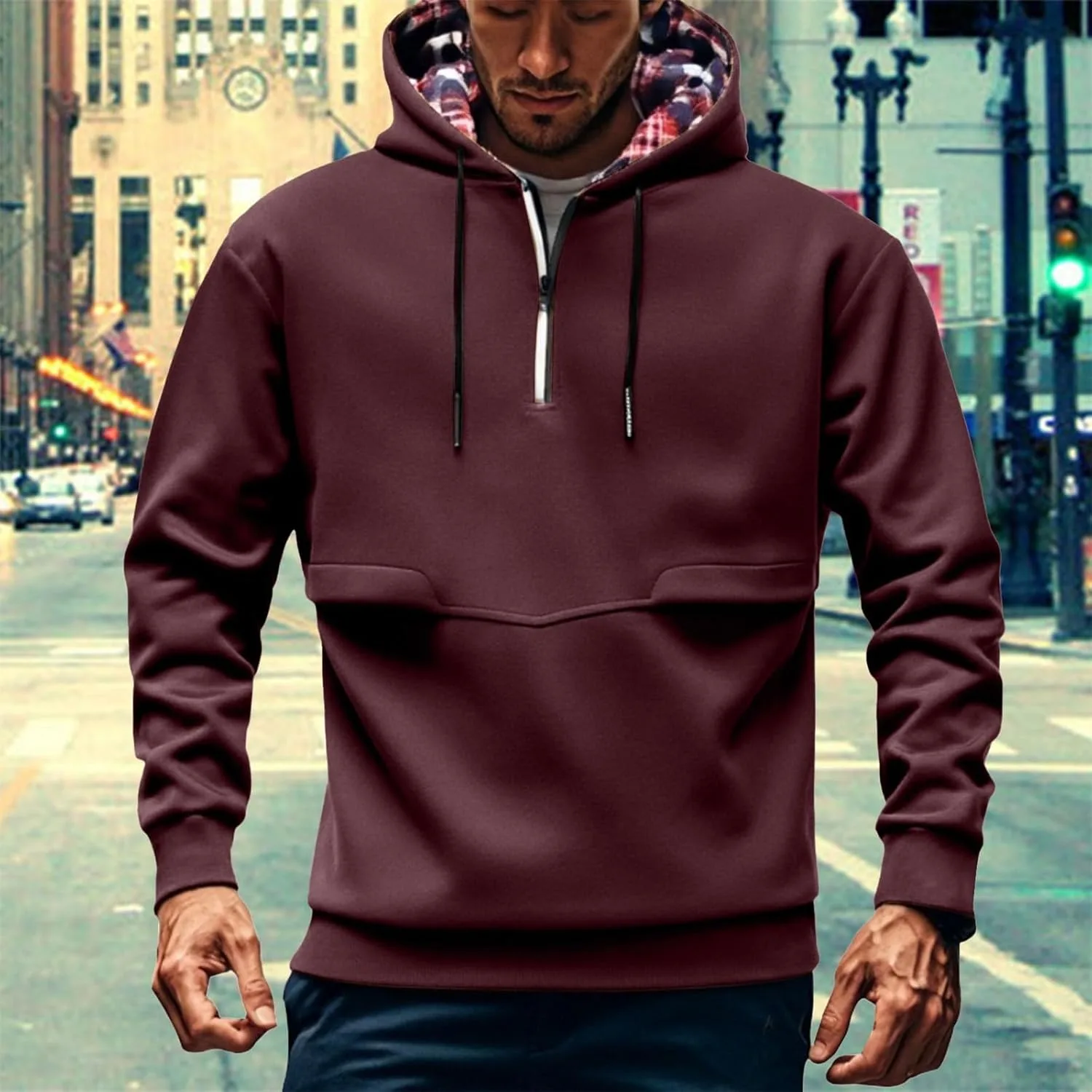 Мужская худи с молнией на четверть Slim Fit с длинными рукавами и кулиской — фото 4