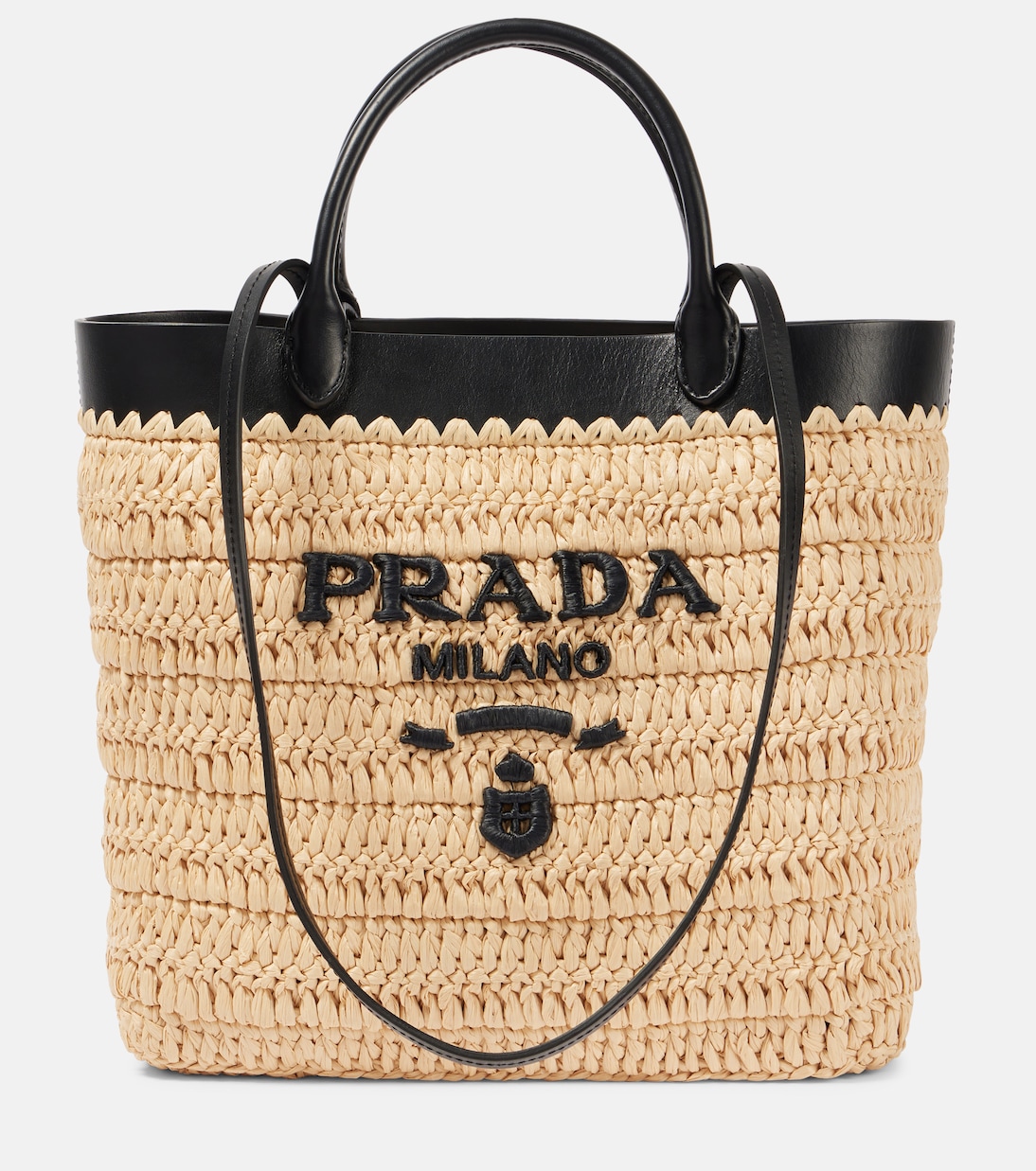 

Маленькая сумка-шоппер из кружева с эффектом рафии Prada, Naturale+Nero