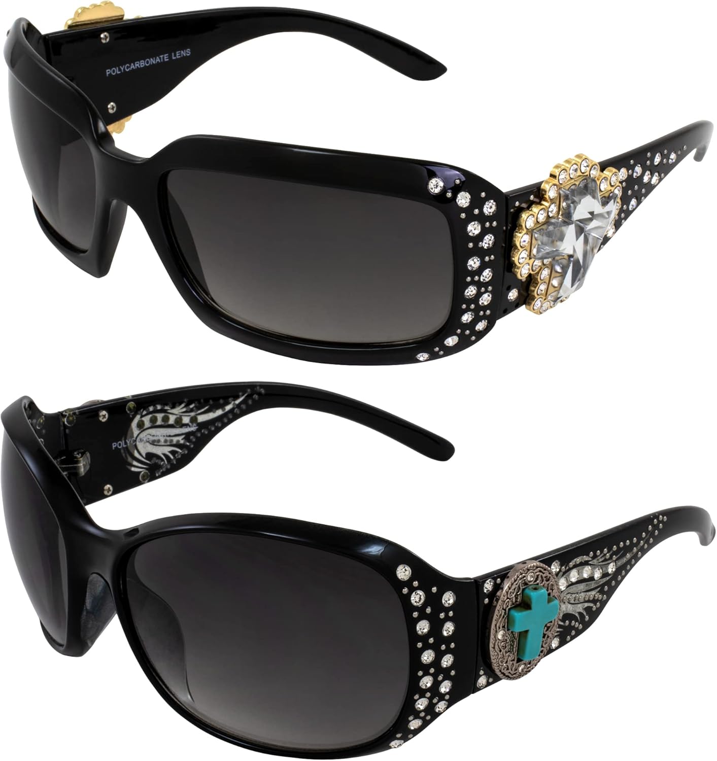 

Женские солнцезащитные очки Rodeo Queen (2 пары) в модном стиле для верховой езды, черная оправа с металлическим крестообразным элементом, блестящими стразами и линзами с дымчатым градиентом, Black-smoke