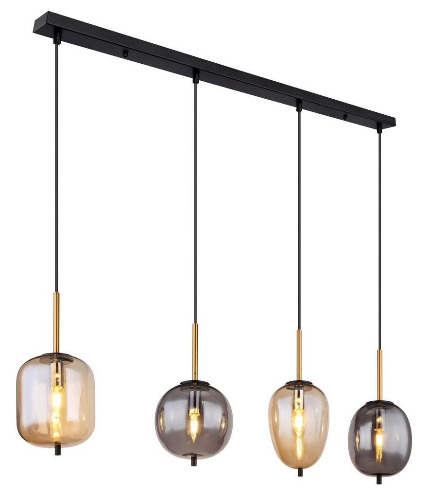 

Подвесной светильник Globo Lighting, металл, черный матовый, алюминий, матовая латунь, дымчатое стекло, янтарный, кабель ПВХ, черный, высоту можно укоротить, 4 различных формы стекла и 2 цвета, ДхШхВ: 1100x185x1200 мм, без 4x E14 40Вт 230В.