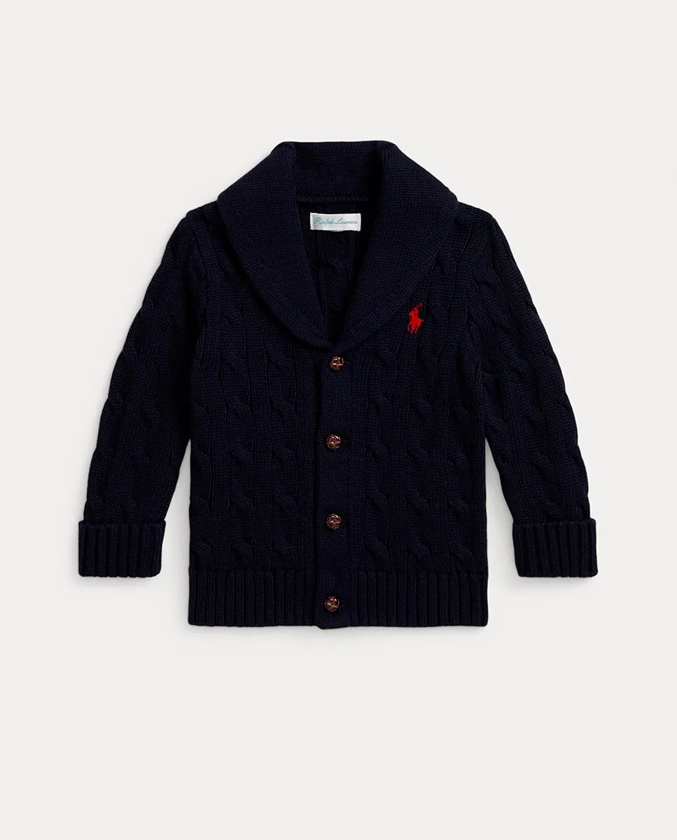 

Детская вязаная кофта для мальчика с вязкой «коса» и с мотивом лошадки Polo Ralph Lauren, темно-синий