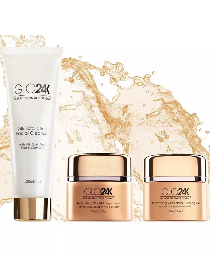 Набор Glo24K — Полный набор: увлажняющий дневной крем с 24-каратным золотом, гель-пилинг, отшелушивающее очищающее средство для лица — фото 2