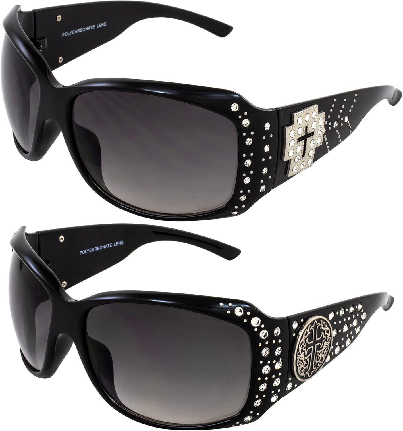 

Женские модные солнцезащитные очки Rodeo Queen (2 пары) в черной оправе с металлическим крестообразным элементом, стразами и линзами с дымчатым градиентом, Black-smoke