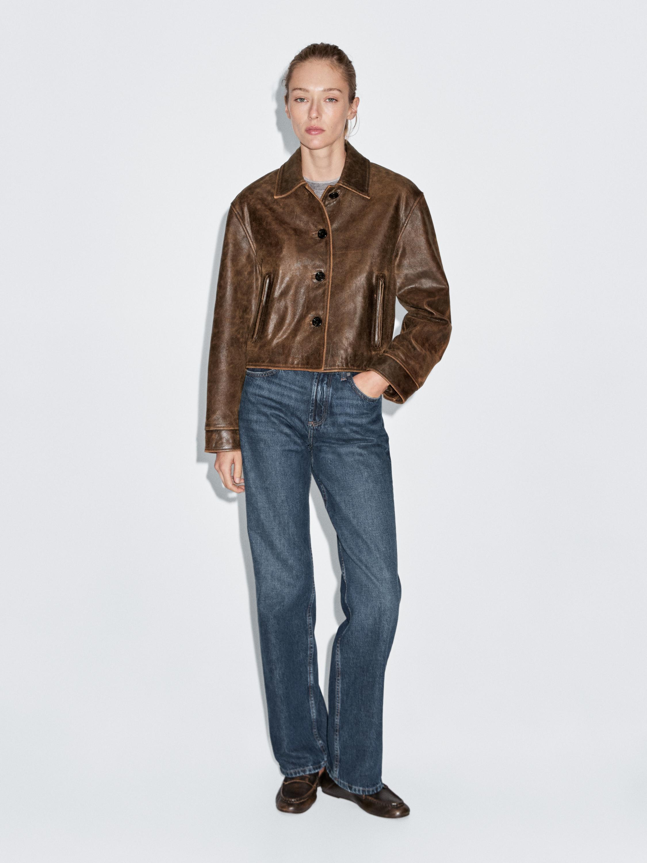 

Укороченная куртка из кожи наппа с эффектом потертости Massimo Dutti, коричневый