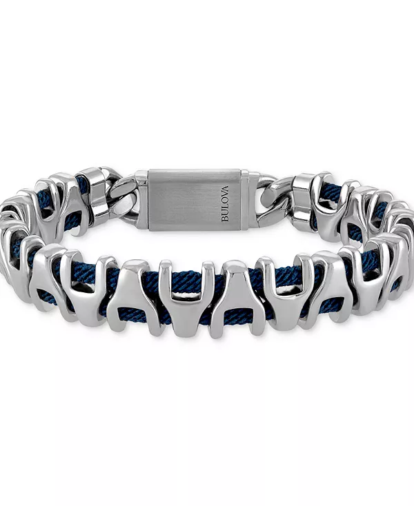 

Мужской браслет из нержавеющей стали синего цвета с плетеным шнуром Bulova, silver-tone