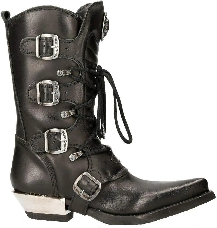 Ковбойские ботинки New Rock Western Cowboy 7993 из кожи с пряжкой, массивные, до колена, Black