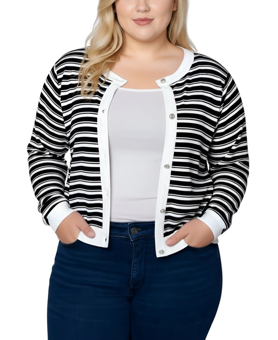 

Женский кардиган большого размера с длинными рукавами и ребристой текстурой NY Collection, Black White Stripe