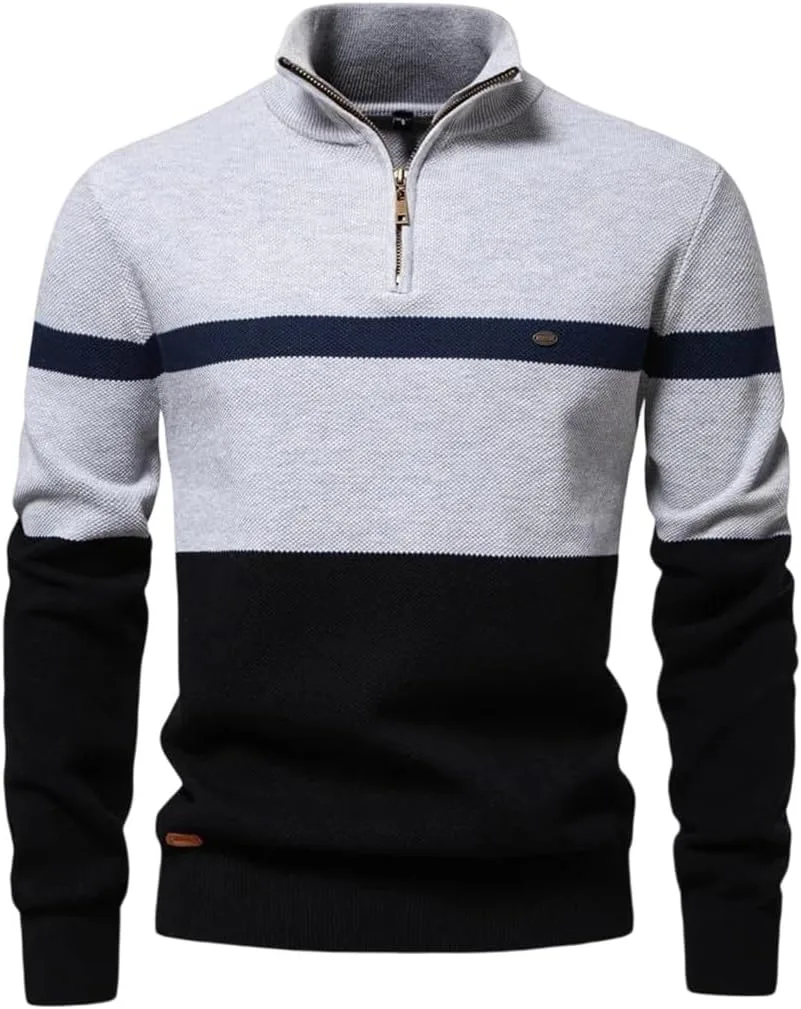 

Мужской свитер с молнией и воротником стойкой, полосатый, теплый