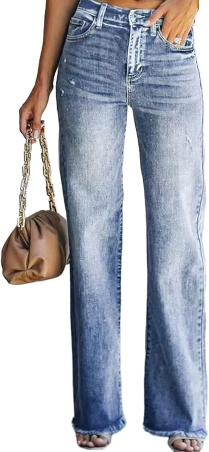 

Женские джинсы с потертостями и расклешенным низом HOTIAN