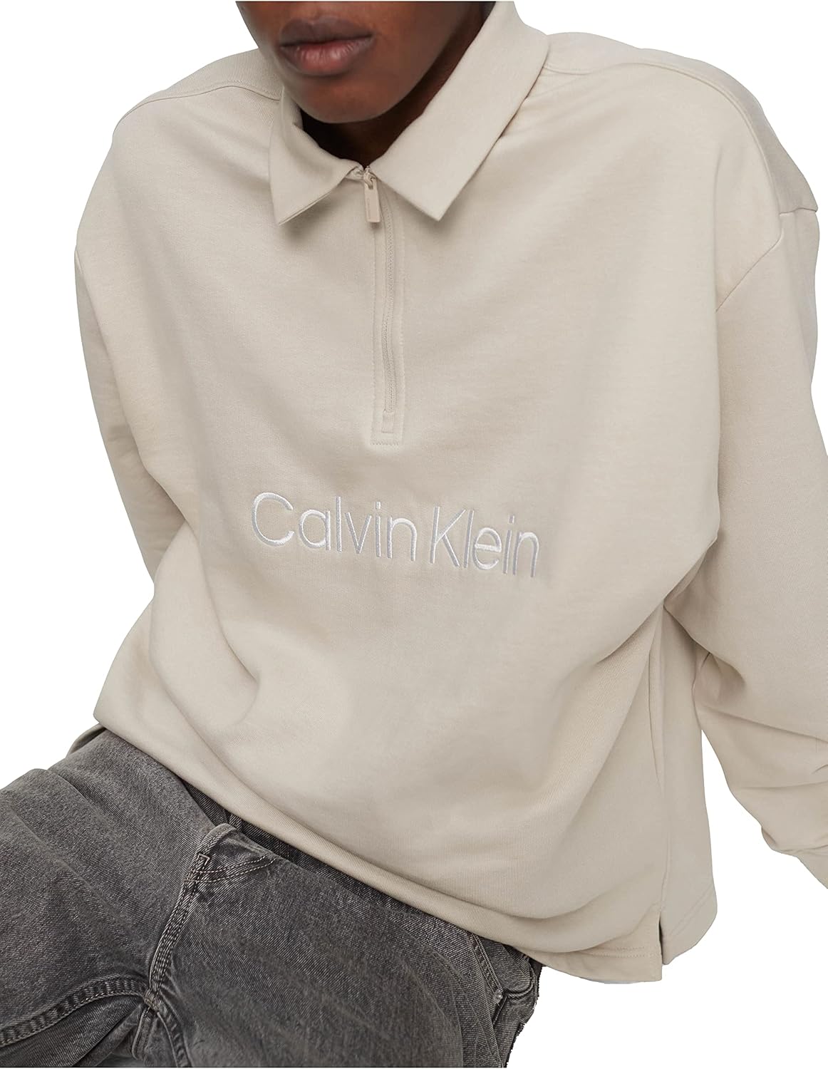Мужская рубашка-поло Calvin Klein свободного кроя с длинным рукавом и логотипом из французского трикотажа, Unbleached — фото 4