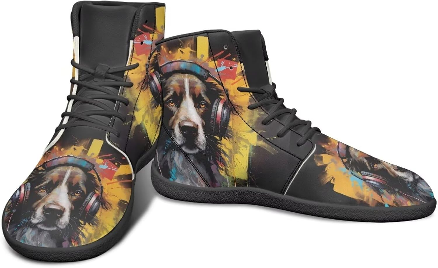 

Высокие кроссовки с животным дизайном, обувь с нулевым перепадом, широкие туфли для мужчин - кроссовки с резиновой подошвой Watdotory, Puppy With Headphones Print