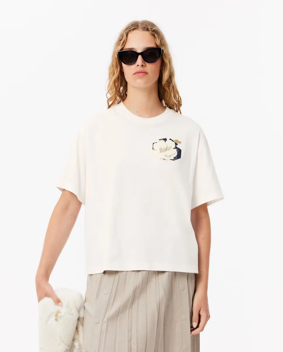 

Женская футболка с цветочным принтом свободного кроя и короткими рукавами Lacoste, белый