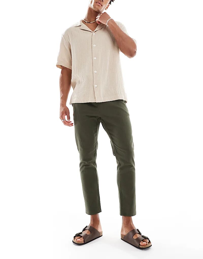 

Укороченные брюки ONLY & SONS из льняной смеси цвета темного хаки