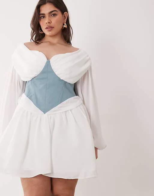 

Белое синее платье мини из тюля с открытыми плечами и корсетом на талии ASOS LUXE Curve
