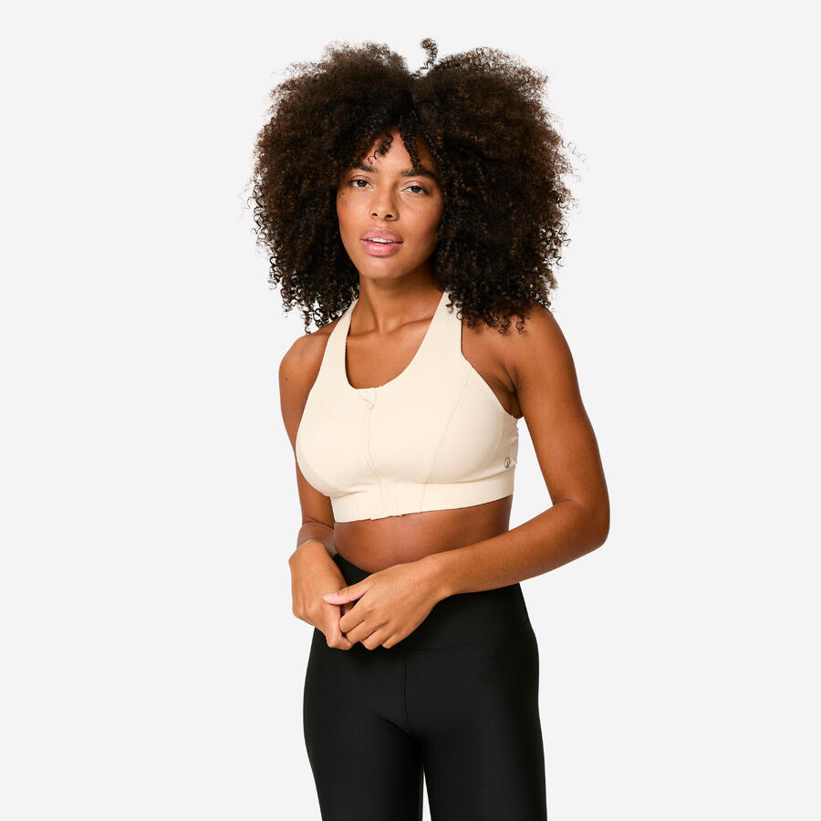 

DECATHLON Женский спортивный бюстгальтер средней поддержки в рубчик с застежкой-молнией - бежевый