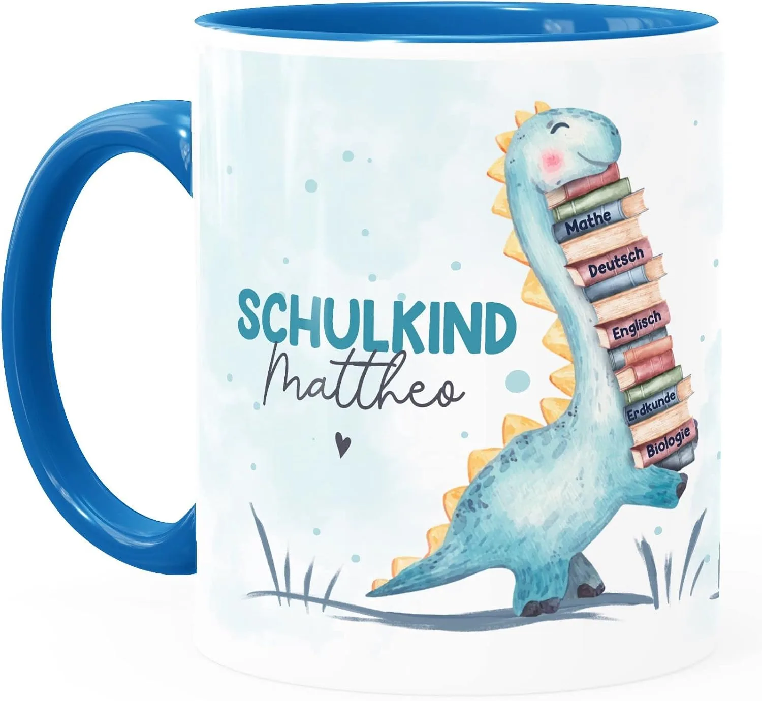 Кружка Schulkind Dino с именем для школы, детская керамическая, для мальчиков и девочек, белая внутри, синяя, стандартная SpecialMe — фото 2