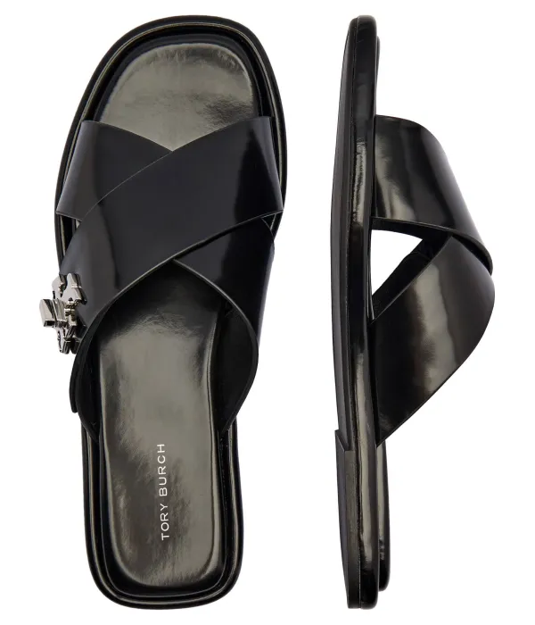 Тапочки из кожи с Т-образным фиксатором Tory Burch, черный — фото 4