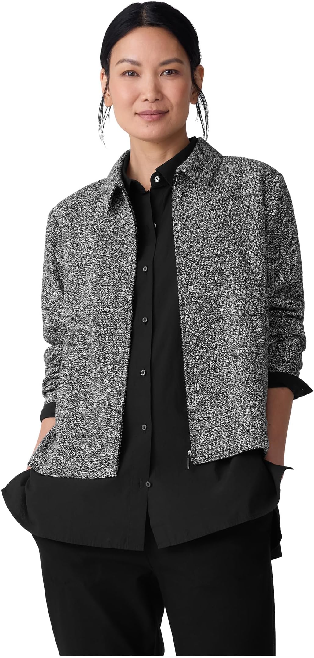 

Куртка Eileen Fisher Cotton Tweed Classic Collar Zip Jacket, черный