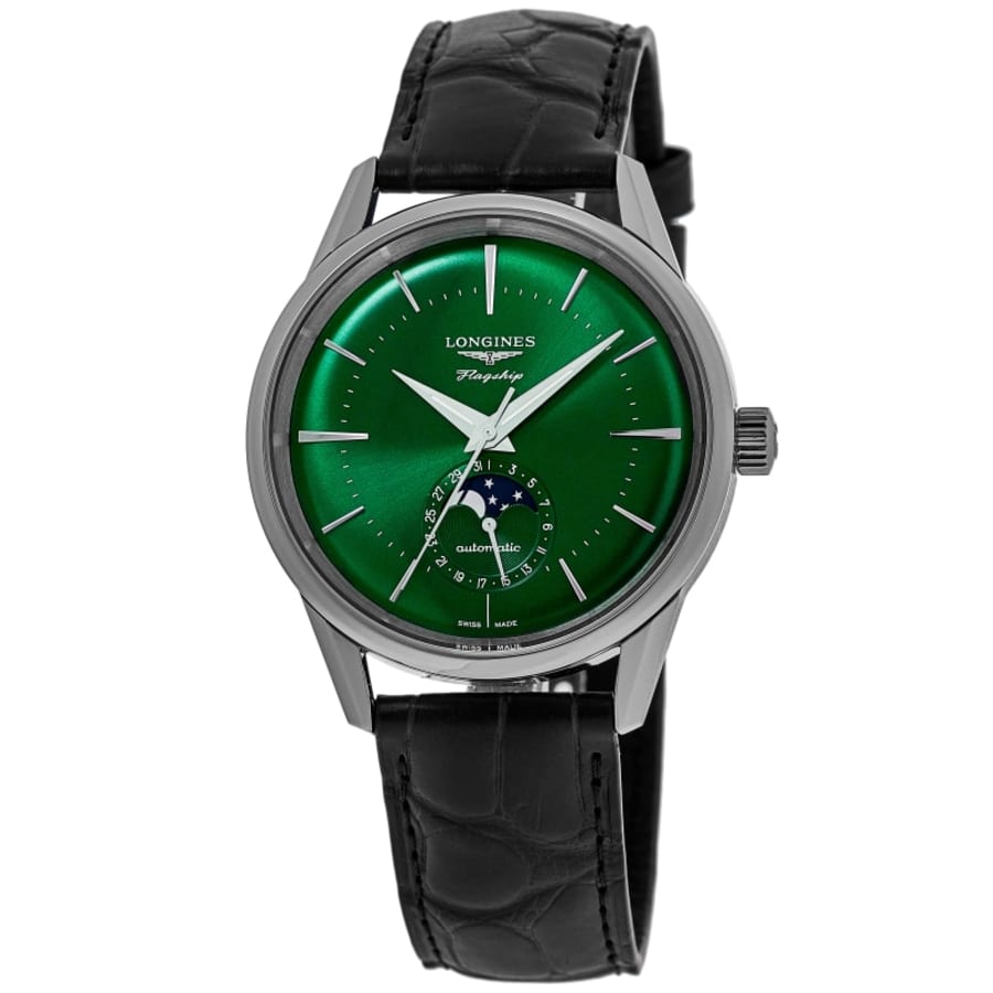 

Часы Longines Flagship Heritage Moonphase с автоматическим механизмом и зеленым циферблатом и кожаным ремешком для мужчин L4.815.4.02.2
