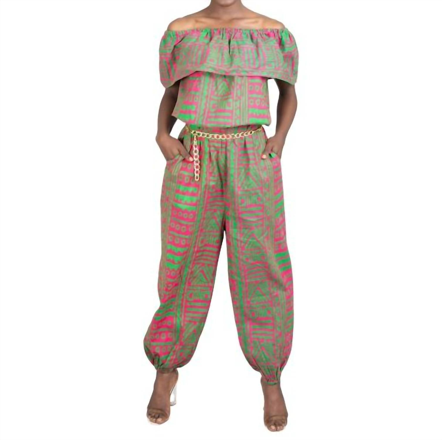 

Kara Chic Комбинезон с открытыми плечами и африканским принтом, зелено-розовый