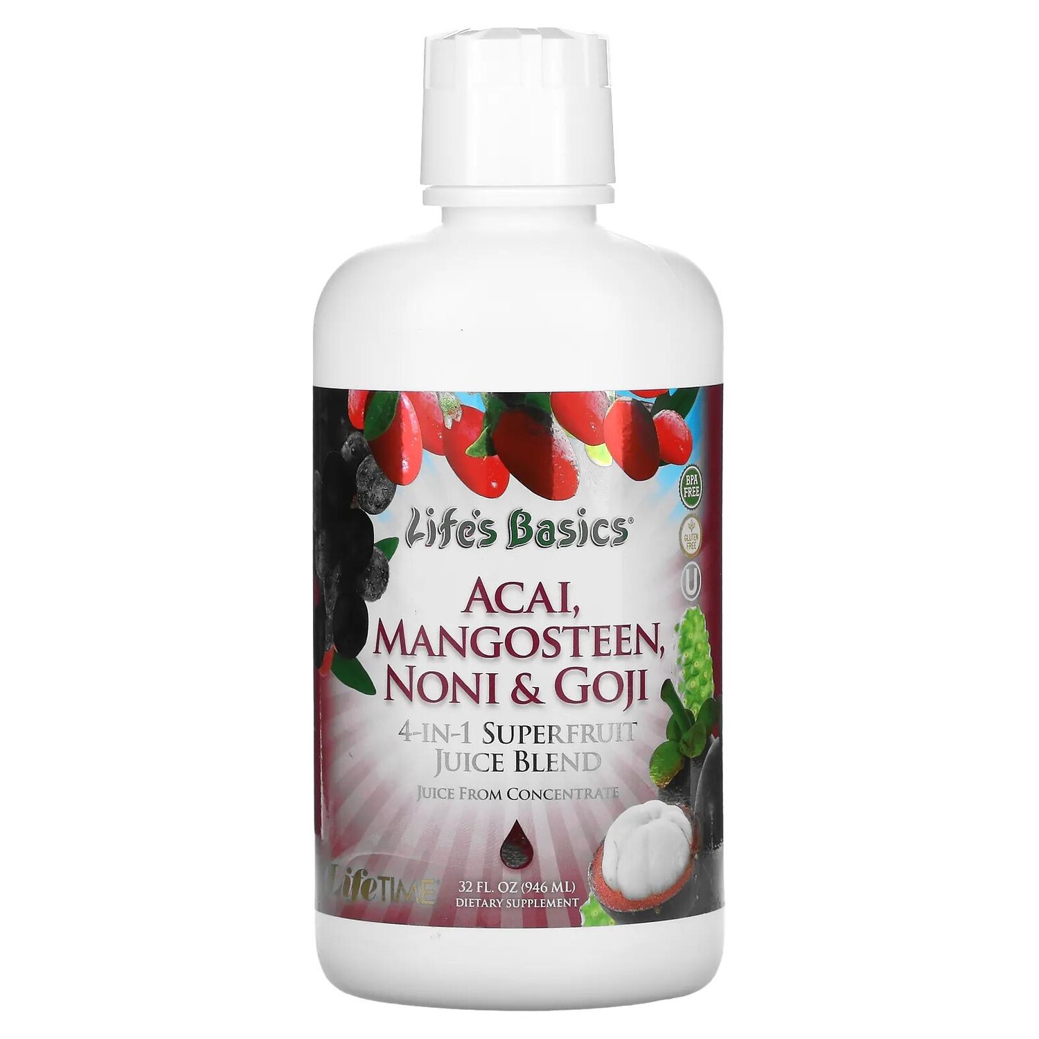 

LifeTime Vitamins Life's Basics Смесь соков суперфруктов 4-в-1 асаи гарциния нони и годжи 32 ж. унц.(946 мл)