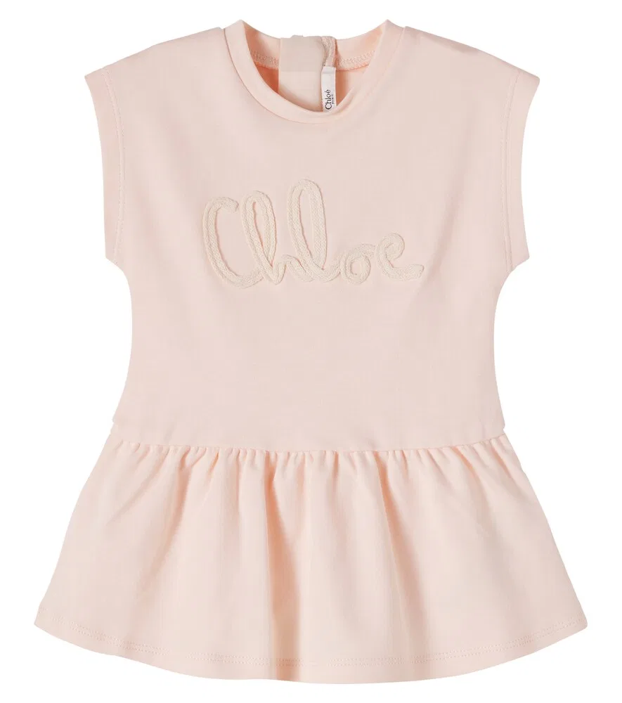 Платье из хлопкового трикотажа с вышитым логотипом Chloé Kids, розовый
