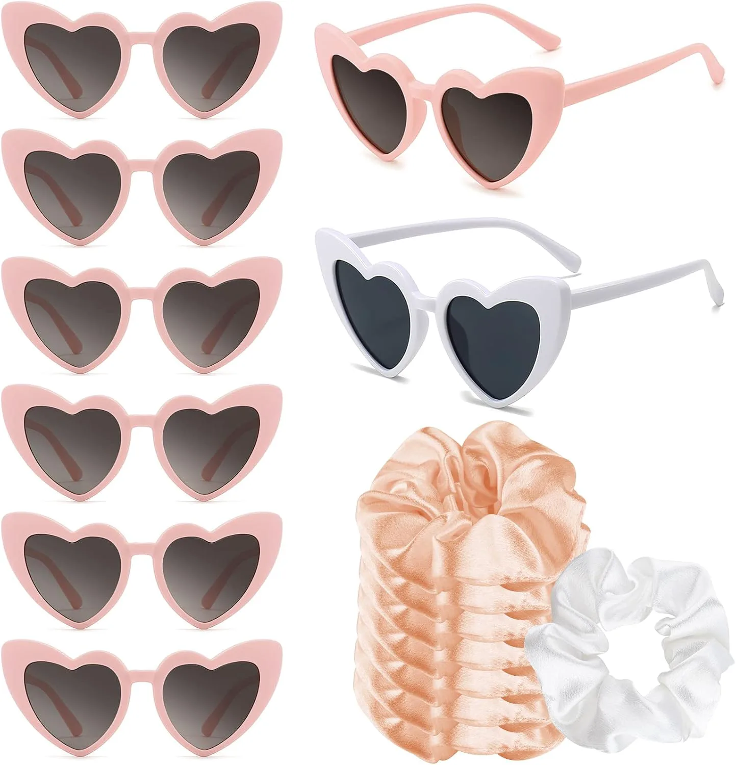 

KUUQA 8 пар солнцезащитных очков в форме сердца и 8 атласных резинок для волос для подружек невесты, солнцезащитные очки для девичника, оптом, свадебный декор, pink