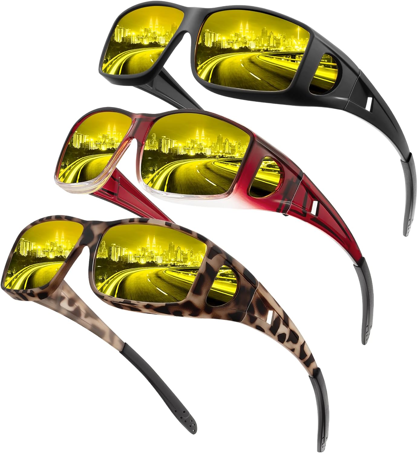 

Очки ночного видения, надеваемые поверх очков, для мужчин и женщин, с обтекаемыми антибликовыми линзами HD для ночного вождения QALLY, A11-matte Black/Burgundy/Matte Tortoise